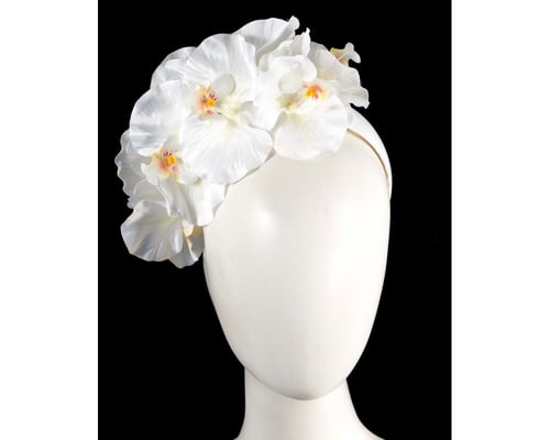 Bespoke white orchid flower headband by Cupids Millinery
