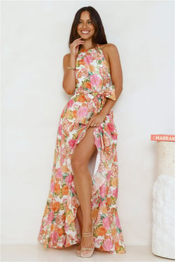 Floral Allure Halter Maxi Dress Orange