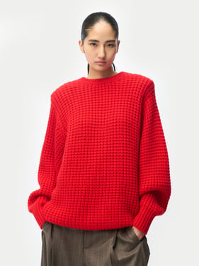 Wide-Shoulder Crewneck Cashmere Sweater - One Size / fiery red / WK1100-1920