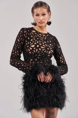 AKIRA Who Me? Knit Crochet Mini Dress With Feathers | Black | Size Large