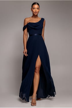 Goddiva Cowl Neck One Shoulder A Line Chiffon Maxi Dress - Navy Blue