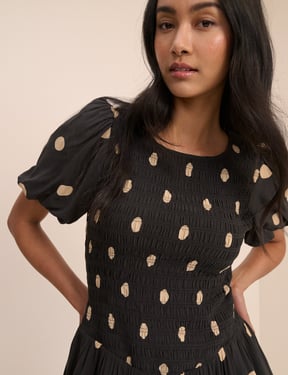 Black Polka Dot Shirred Landy Mini Dress