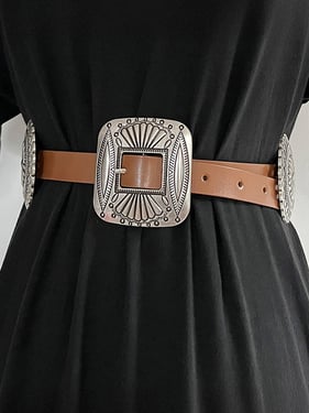 Artisanal Carved Metal Ring Buckle Belt - Brown / One Size