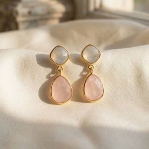 18ct Gold Vermeil Plated Pink And White Chalcedony Drop Gemstone Earrings