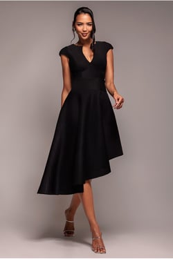 Goddiva Cap Sleeve Textured Skater Asymmetric Midi Dress - Black