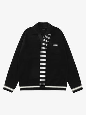 Retro Striped Contrast Panel Button-Up Collar Sweater - Black / XL