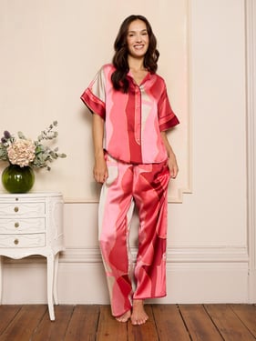 Womens Satin Oversize Pyjamas Pink Art Deco - 3XL / 22-24 / Pink