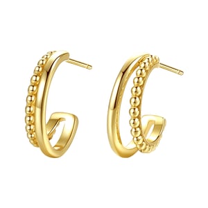 Beaded Double Hoop Earrings Sterling Silver Gold
