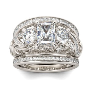 Jeulia Three Stone Scrollwork Radiant Cut Sterling Silver Ring Set