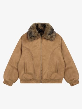 Vintage Distressed Deconstructed Faux Fur Collar Jacket - Light Brown / XL