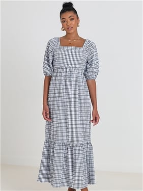Brave Soul Checked Seersucker Maxi Dress With Tie Detail - Pale Blue / Black - S