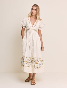 White Embroidered Puff Sleeve Saffy Midi Dress