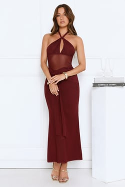 Luxe Darling Halter Mesh Maxi Dress Burgundy
