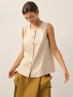 100% Linen Buttons Down Tank Top ERIN - Khaki / XXL