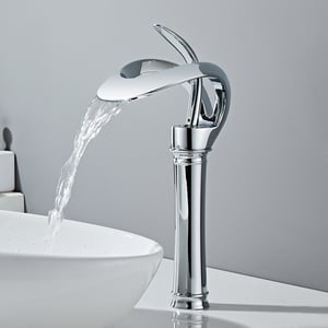 Modern Elegant Waterfall Bathroom Vessel Sink Faucet Single Handle Solid Brass in Chrome