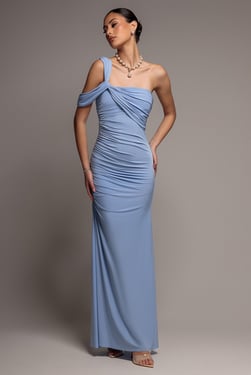 Goddiva One Shoulder Asymmetric Twist Maxi Dress - Blue