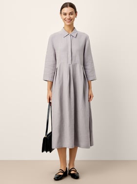 100% Linen Inverted Pleat Curved Seam Maxi Dress VALERIE - Light Grey / XXL