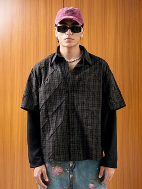 Heavy Plaid Pleated Striped Faux Two-Piece Polo Shirt - Black / XL