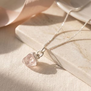 Raw Rose Quartz October Birthstone Sterling Silver Necklace