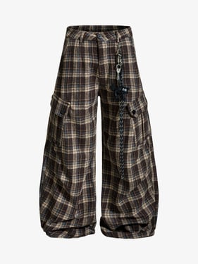Vintage Plaid Pleated Multi-Pocket Cargo Casual Pants - 2524 - Coffee / XL