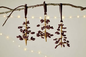 nkuku Tanu Mango Wood Beaded Baubles Set Of 3 | Christmas Decorations | Brass/Ruby