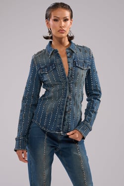 AKIRA Glamour Studded Button Down Denim Top | Size XL