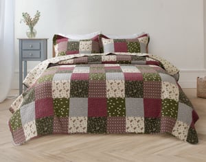QE Home Bless Cotton Quilt Set, Patchwork, Green, King