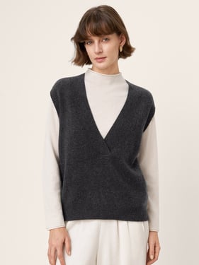 100% Mongolian Cashmere Sleeveless V-Neck Knit Vest HARMONY - Charcoal Grey / L