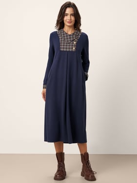 Asymmetric Pleated Maxi Dress CECILE - Navy Blue / XXL
