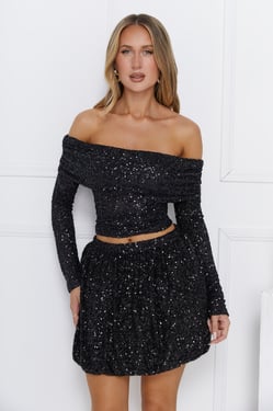 Shiny Side Off Shoulder Sequin Long Sleeve Top Black
