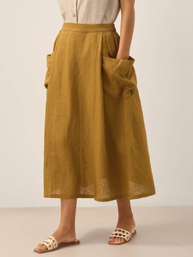 Linen Checked Elastic Waist Skirt ONYX - Mustard / XXL