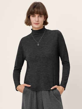 100% Extra-Fine Merino Wool Mock Neck Sweater with Rolled Edge ELA - Charcoal Black / L