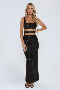 Shimmering Crown Sequin Maxi Dress Black