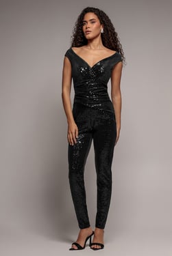 Goddiva Sequin Velvet Bardot Romper - Black