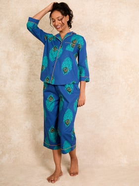 Womens Cotton Cropped Sleeve Capri Pyjamas Navy Blue Peacock Feather - 3XL / 22-24 / Blue