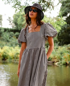 Black Gingham Midi Dress - 20