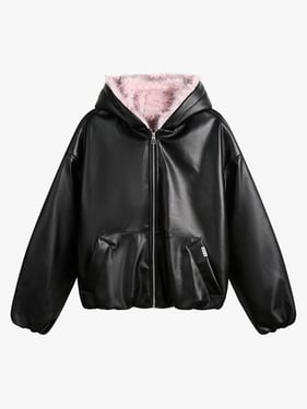 Leather Pink Fur Hooded Quilted Jacket - 2535 - Black / XL