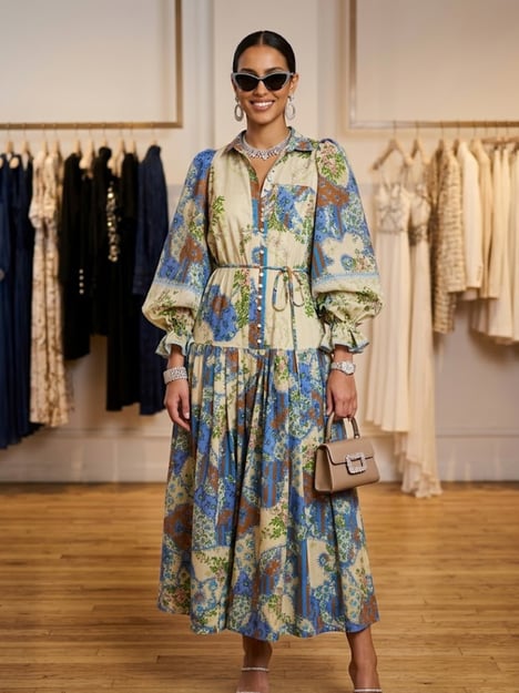 Floral Patchwork Puff Sleeve Maxi Dress HUDSON New Collection FASHION BYMANYC ® New York