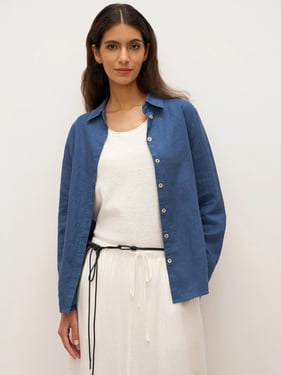 100% Linen Button-Front Shirt with Extended Hem JOVAN - Nautical Blue / XXL