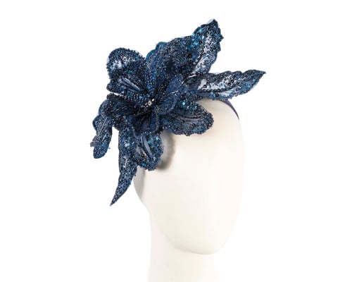 Shiny navy lace fascinator by Fillies Collection