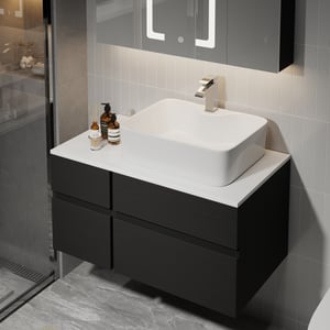 31" Floating Bathroom Vanity Faux Marble Top Ceramic Vessel Sink Black & White