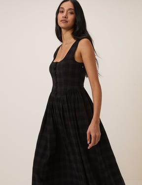 Black Check Linen-Blend Cora Midi Dress