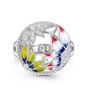 Jeulia "Peaceful" Flower Enamel Sterling Silver Ring