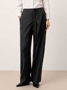 Linen-Lyocell Asymmetric Placket Straight Pants SAFFRON - Charcoal Black / XXL