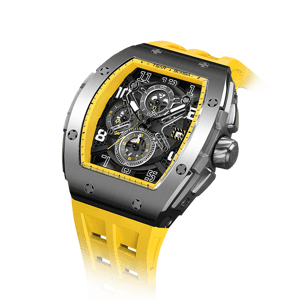 TSAR BOMBA Men's Luxury Quartz Chronograph Watch | Silver Yellow | Tonneau Stainless Steel Case | Sapphire Glass | 50M Waterproof Sport Wristwatch | Elemental TB8211Q