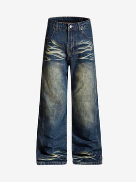 Vintage Washed Distressed Straight-Leg Jeans - Blue / XL