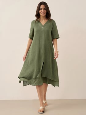 100% Linen V-Neck Double-Layer Midi Dress JAYDA - Olive Drab / XXL