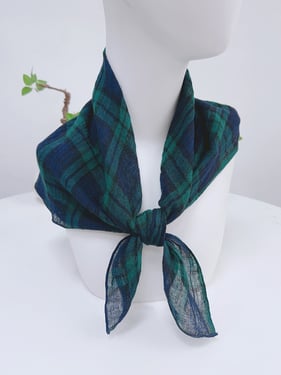 Cotton-Linen Plaid Patchwork Square Scarf - Teal Check / One Size