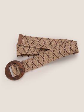 Wooden Buckle Handcrafted Woven Elastic Wide Waist Belt - Brown Stripe / One Size