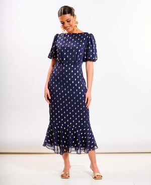 Navy Chiffon Foil Puff Sleeve Midi Dress - 20